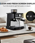 Top Shelf 20 Bar Espresso Maker With Built In Coffee Grinder And Pro Steam Frother For Cafe Quality Shots Featuring 30 Precision Grind Settings And Durable Stainless Steel Black Finish on coffee table with coffee and croissants.
