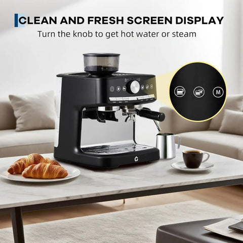 Smooth Operator Espresso Maker With Built In Grinder And Silky Milk Frother, 20 Bar Pressure Coffee Brewer, 1.5L Tank And 30 Custom Grind Options For Your Daily Brew At Home Or Office on a table with croissants and coffee.