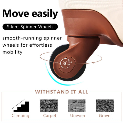 ABS hardside luggage set spinner wheels showing 360-degree rotation for smooth mobility and versatile terrain adaptability.