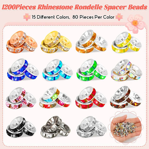 Crystal Rondelle Spacer Beads Kit 1200 Pieces In 6mm 15 Bright Colors For DIY Jewelry Making Totally Perfect For Bracelets Necklaces Earrings And Beadable Pens with various colored beads displayed.