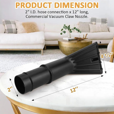 2 Inch By 12 Inch Vacuum Claw Nozzle For Cars, Home Interiors, Boats And Campers, displayed on a table with a couch background