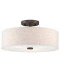 Meridian Collection 3 Light Semi Flush Mount Ceiling Fixture With Oatmeal Fabric Drum Shade And Satin White Diffuser In English Bronze Finish