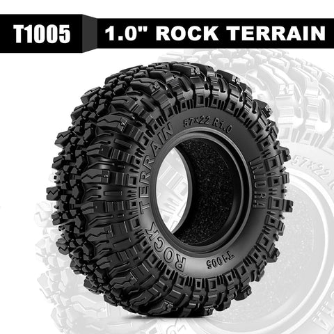 Grippy Soft Rubber Rock Crawler Tires 1.0 Beadlock 56x22mm S5 Compound with Foam Inserts for RC Cars; close-up view.