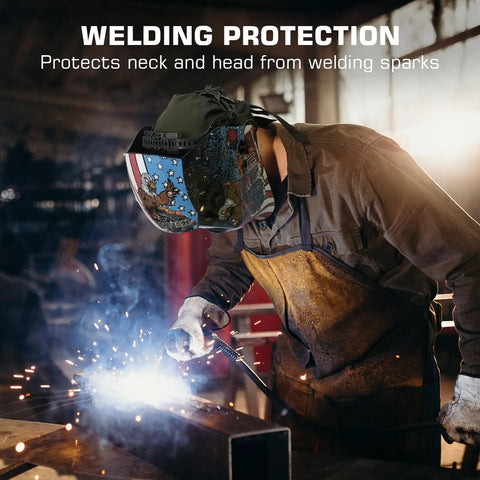 Welder wearing olive green XL 2 Pack Welding Do Rag Cap with protective safety shield and flame-resistant cotton hat for high heat.