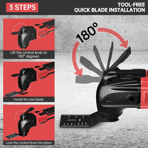Heavy Duty Brushless Motor Cordless Oscillating Multi Tool Compatible With 18V Batteries tool-free blade installation steps and measurements.