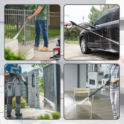 Pressure Washer Gun Kit With 26 Inch Hose, 16 Inch Extension Wand, Five Nozzle Tips, M22 15mm And M22 14mm Fittings, Handles Up To 4000 PSI Cold Water Machines, Durable Rubber Hose For Driveways, Siding, Decks And More in use on outdoor surfaces and car cleaning.