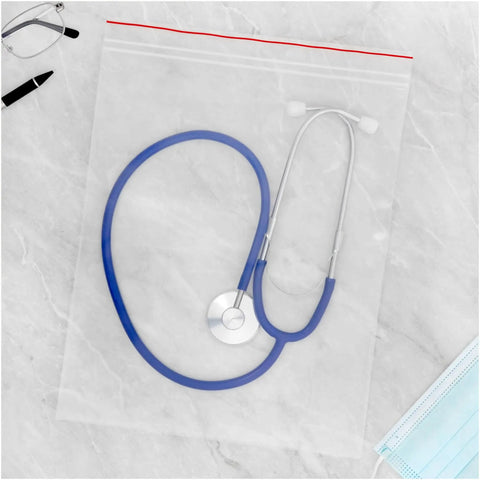 Red Line Zipper Reclosable Bags 10 X 12 Inch, 6 Mil Thick Clear LDPE, FDA Food Safe, Pack Of 100, Red Zipper For Easy Identification, Perfect For Pantry, Kitchen And Craft Storage, with stethoscope inside