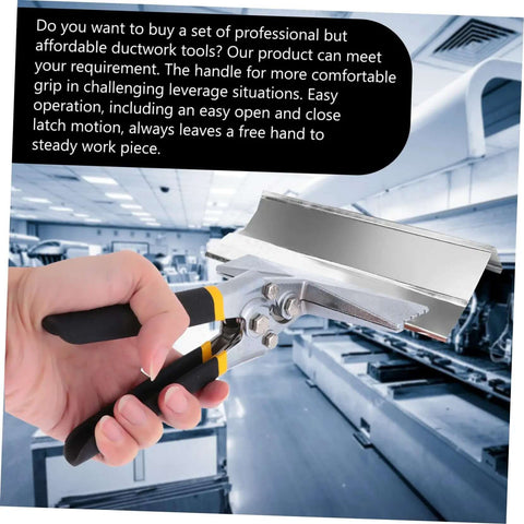 Hand holding Multifunctional Hand Seamer Tool For Ductwork And Steel Plate Folding Pliers with Non Slip Handle in industrial setting