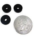 Three Sorbothane Vibration Isolation Washers 50 Durometer Black Rubber Bushings beside a quarter for size reference.