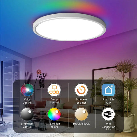 Smart Ceiling Light Flush Mount LED WiFi RGB Dimmed With Alexa And Google Home Voice Control No Fuss Low Profile Ambient Fixture