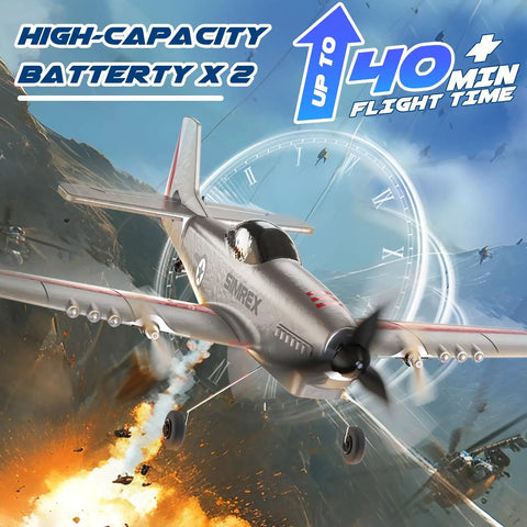 P51 Foam Glider RC Plane flying with flames, features 2 rechargeable batteries for extended flight time.