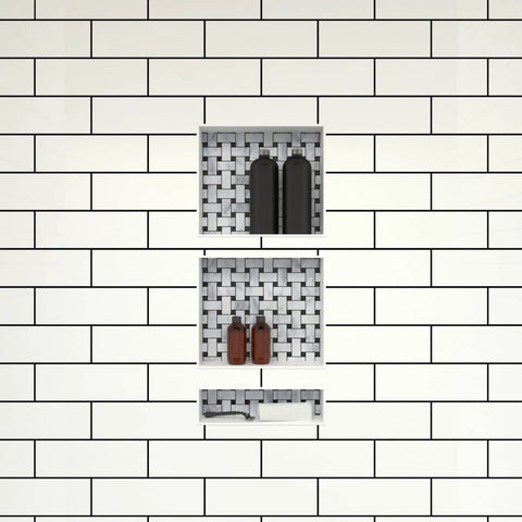 Triple Niche Recessed Shower Shelf With Three Built In Shelves Install Horizontal Or Vertical To Maximize Space Ideal For Soap Shampoo Razors And More Ready To Tile Surface For Custom Look 16 Inch Wide By 34 Inch High By 4 Inch Deep installed in a white tiled shower wall with bottles inside.