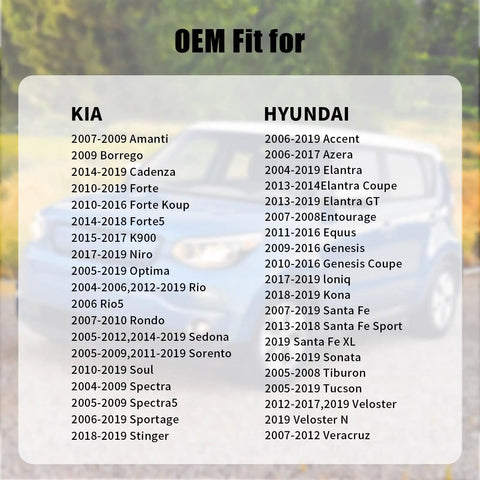 OEM fit list for Kia and Hyundai models from 2006-2019, showing vehicles compatible with Kia Hyundai Gas Cap Replacement 31010-3L600U.