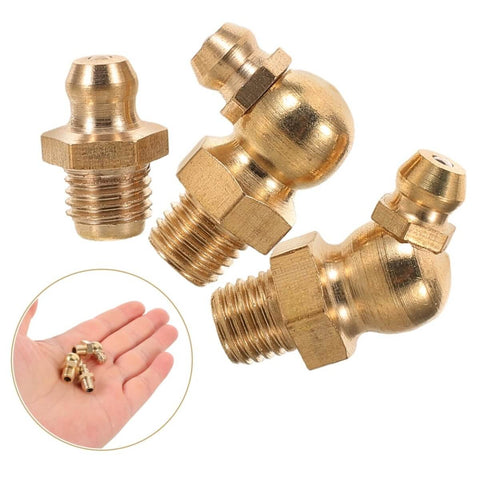 Dope Copper Grease Fitting Kit, 9 Piece Universal Nipple Adapters For Cars And Trailers, shown with straight and angled nozzles
