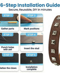 6-step guide using 455 Piece Punk Spikes And Studs Kit for leathercraft with metal studs and brown leather band.