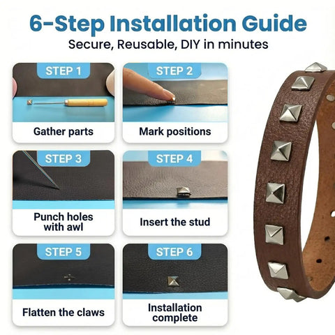 6-step guide using 455 Piece Punk Spikes And Studs Kit for leathercraft with metal studs and brown leather band.