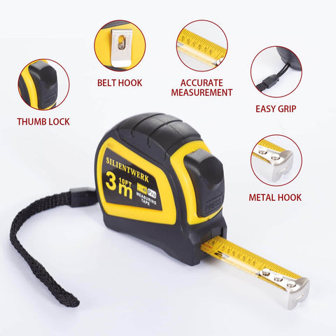 3m 10ft measuring tape with belt hook, easy grip, thumb lock, and metal hook for accurate measurement