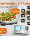 Wireless Separated Food Scale With LCD Display And Tare Function, 33 Lb Capacity Digital Kitchen Scale For Baking, Cooking And Meal Prep, Weighs In Grams And Ounces, 7 Units, Batteries Included showing LCD screen and salad weighing example