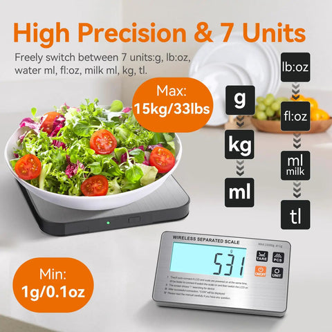 Wireless Separated Food Scale With LCD Display And Tare Function, 33 Lb Capacity Digital Kitchen Scale For Baking, Cooking And Meal Prep, Weighs In Grams And Ounces, 7 Units, Batteries Included showing LCD screen and salad weighing example