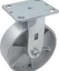 Heavy Duty 6 Inch Steel Casters With Top Lock Brake And Rigid Plates Set Of Four Offering 4800 Lbs Capacity For Shop Equipment That Rolls Super Smooth And Crushes Heavy Hauls Like A Champ image of a single steel caster wheel with a top plate.