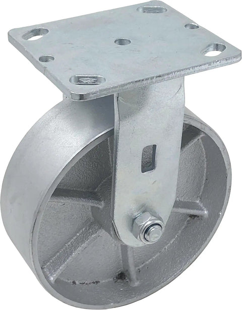 Heavy Duty 6 Inch Steel Casters With Top Lock Brake And Rigid Plates Set Of Four Offering 4800 Lbs Capacity For Shop Equipment That Rolls Super Smooth And Crushes Heavy Hauls Like A Champ image of a single steel caster wheel with a top plate.