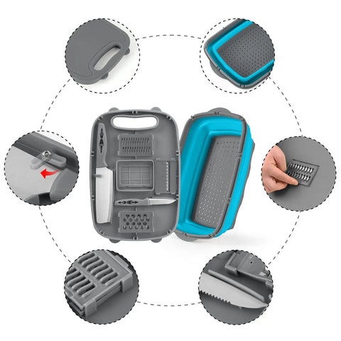 Collapsible Camping Cutting Board With Colander And Drain Basket, 9 In 1 Chopping Board For RVs And Campers, shown opened with accessories