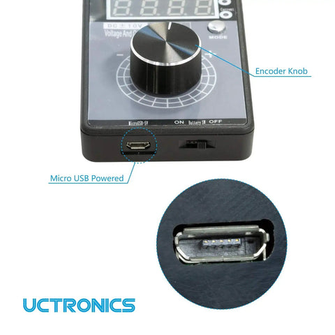 Close-up view of DC Plus Or Minus Ten Volt Output And Four To Twenty Milliamp Current Loop Signal Generator with USB port and controls.