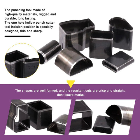 Close-up of varied shapes from the All-In-One 55-Piece Hollow Punch Cutter Tool Kit With Cutting Pad, showing metal punches.