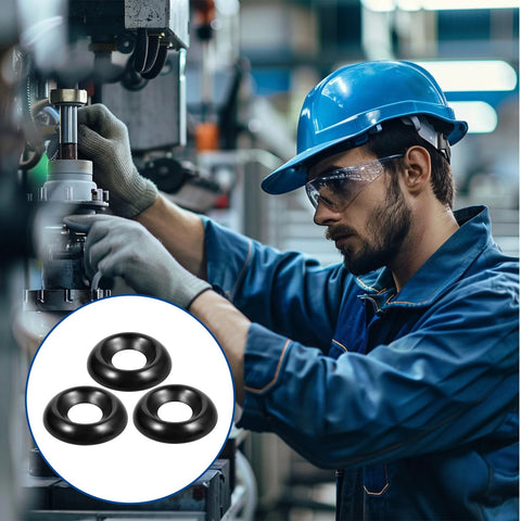 Black #8 countersunk cup washers (stainless); inset shows three washers as a worker operates machinery.
