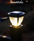 Solar Post Cap Lights With Decorative Glass LED Outdoor Post Lighting For Three And A Half Inch Posts Black Two Pack