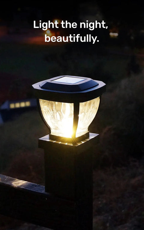 Solar Post Cap Lights With Decorative Glass LED Outdoor Post Lighting For Three And A Half Inch Posts Black Two Pack