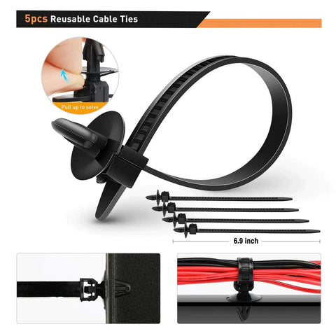 5pcs reusable cable ties set shown with close-ups of tie mechanism, black 6.9 inch ties for organizing cables securely