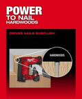 M12 Fuel 18 Gauge Compact Brad Nailer with Tool Free Depth Adjustment driving nails into hardwood up close