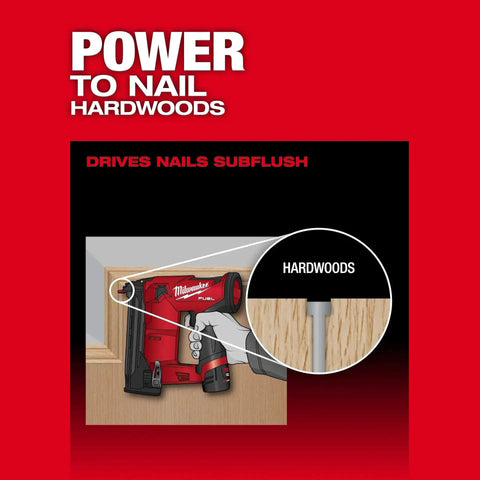 M12 Fuel 18 Gauge Compact Brad Nailer with Tool Free Depth Adjustment driving nails into hardwood up close
