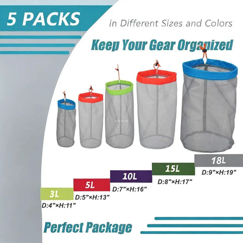 Mesh Stuff Sack Set Of 5 Ultralight Drawstring Gear Pouches For Backpacking, Camping, And Travel, Lightweight Nylon Mesh Bags
