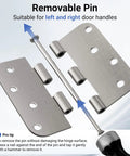 Close-up of Three Pack 4 Inch Door Hinges Built Tough, Solid Iron Construction, Satin Nickel Finish, Removable Pin.