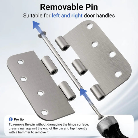 Close-up of Three Pack 4 Inch Door Hinges Built Tough, Solid Iron Construction, Satin Nickel Finish, Removable Pin.