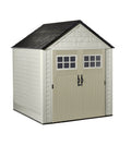 7x7 Weatherproof Outdoor Storage Shed For Garden Tools And Lawn Gear With Lockable Double Doors Sandstone Finish Heavy Duty Double Wall Build