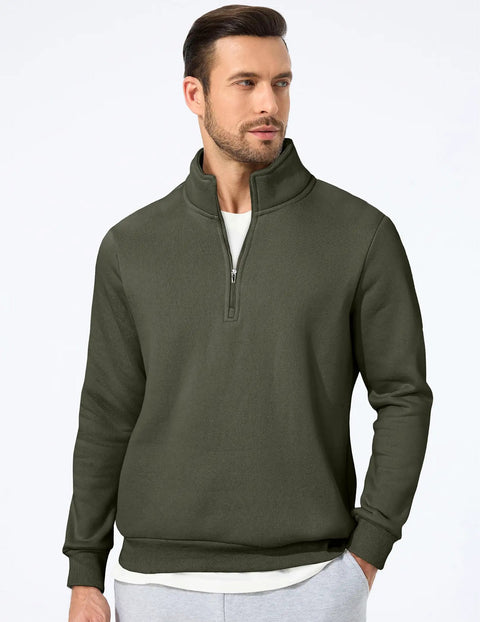 Mens Quarter Zip Fleece Pullover Mock Neck Sweatshirt Regular Fit Long Sleeve Outdoor Knit Top in Moss Green Cozy Warmth