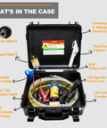 Quick Draw 12V Fuel Transfer Pump 85 GPH Electric Gasoline Diesel Siphon Kit contents in waterproof case with filters, hoses, and cables.