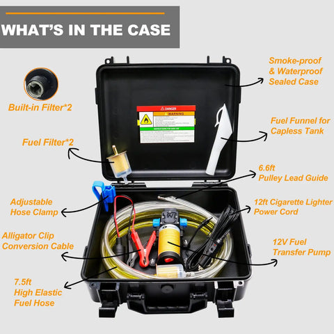 Quick Draw 12V Fuel Transfer Pump 85 GPH Electric Gasoline Diesel Siphon Kit contents in waterproof case with filters, hoses, and cables.