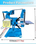Pro 750W Brushless Belt Sander Machine With Adjustable Speed Up To 6500 RPM Dual-Use Bench Polisher showing blue design and dimensions.