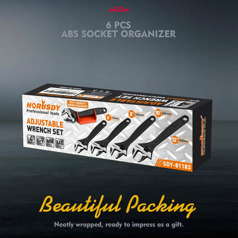 Product packaging of Four Piece Adjustable Wrench Set With 6, 8, 10, 12 Inch Wide Jaw Spanners Black Oxide CRV Steel