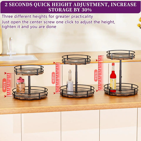 Two Tier Lazy Susan Organizer With Adjustable Heights for countertop spice rack and kitchen organization in three height settings.