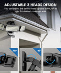 Adjustable LED Security Lights With Motion Sensor Outdoor Flood Light 32W, 3200 Lumens, mounted on house corner.
