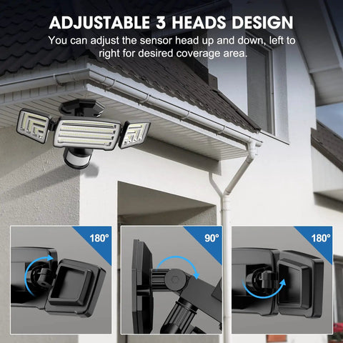 Adjustable LED Security Lights With Motion Sensor Outdoor Flood Light 32W, 3200 Lumens, mounted on house corner.