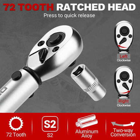 Pro Grade 26 Piece Bike Torque Wrench Set With One Quarter Inch Drive For Mountain Bikes, 20 To 200 InLb Range, 2.3 To 22.2 Nm, 72 Tooth Dual Direction Adjustable, Includes Bits Sockets Extension Bar And Universal Joint, 72-tooth ratchet head, aluminum alloy