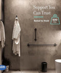 Latitude II 18 Inch Matte Black Grab Bar For Shower And Bath on tiled wall, ADA compliant, rated to hold 500 lbs.