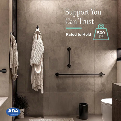 Latitude II 18 Inch Matte Black Grab Bar For Shower And Bath on tiled wall, ADA compliant, rated to hold 500 lbs.