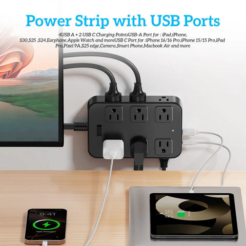 18 In 1 Power Strip With 12 AC Outlets 6 USB Ports Surge Protector 5 Ft Extension Cord 1440 Joules Wide Voltage 120 To 240V ETL Listed For Home Office Kitchen Dorm Wall Desk Charging Station on desk